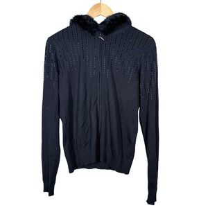 Cache Y2K Cardigan Sweater Zip Up Beaded Fur Trim Hooded Silk Blend Black M